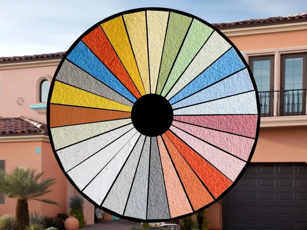 Color wheel diagram with a background of a stucco-covered house, illustrating the process of choosing the right stucco color for your home's exterior